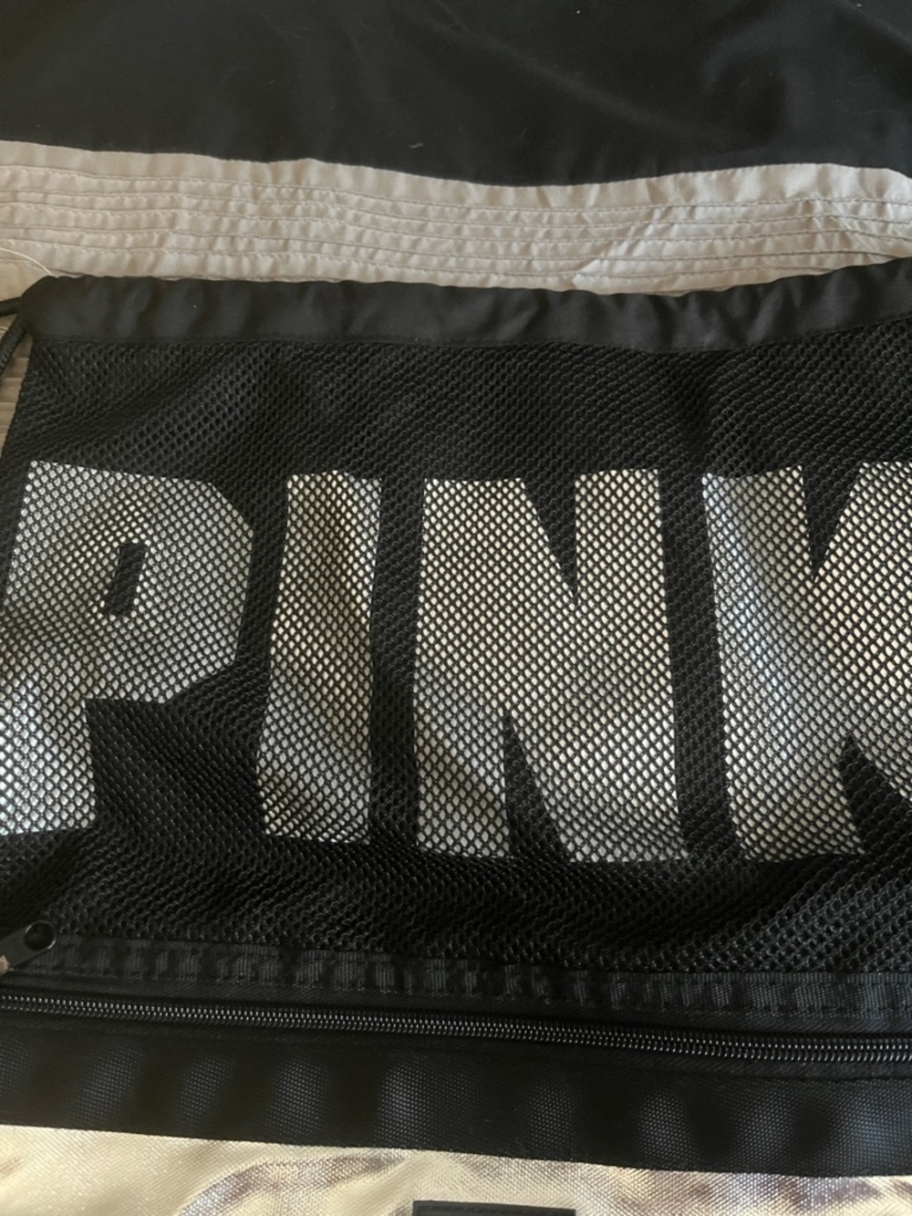 PINK Victoria's Secret Black Mesh and Silver Drawstring Bag - Picture 2 of 5